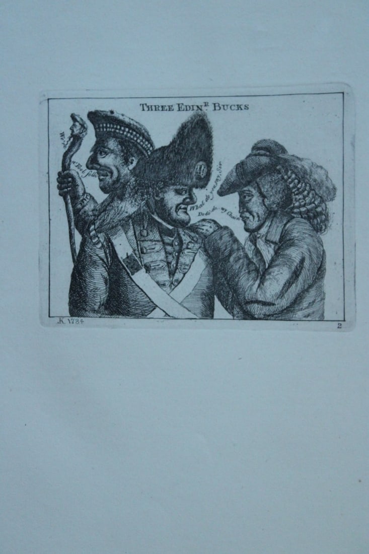John Kay - 2 etchings of Scottish characters 1877: These engravings are from A Series of Original Portraits and Caricature Etchings by John Kay. Published by Adam and Charles Black, Edinburgh, 1877. Kay was a caricaturist, engraver and miniature paint