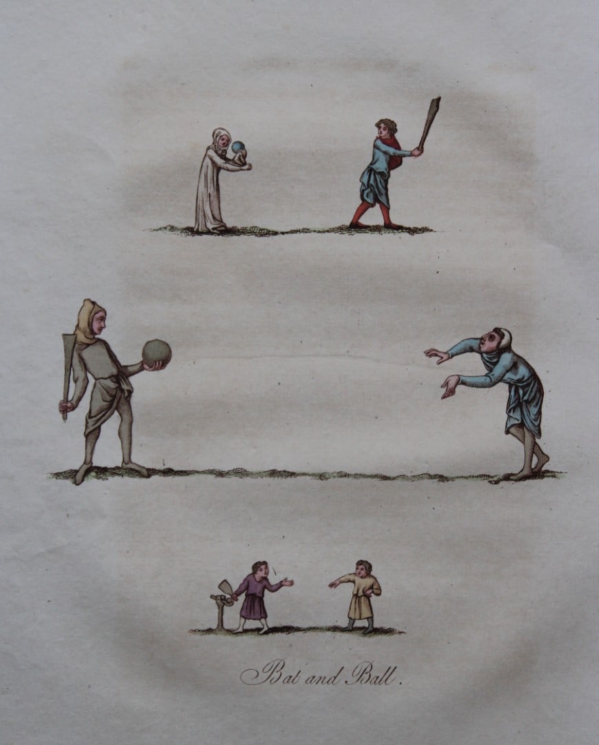 Joseph Strutt - Games with the ball 1801: These beautifully hand-coloured engraved plates are from Glig-Gamena Angel-Deod, or, The Sports and Pastimes of the People of England by Joseph Strutt. Published by T. Bensley & J. White, London 1801.