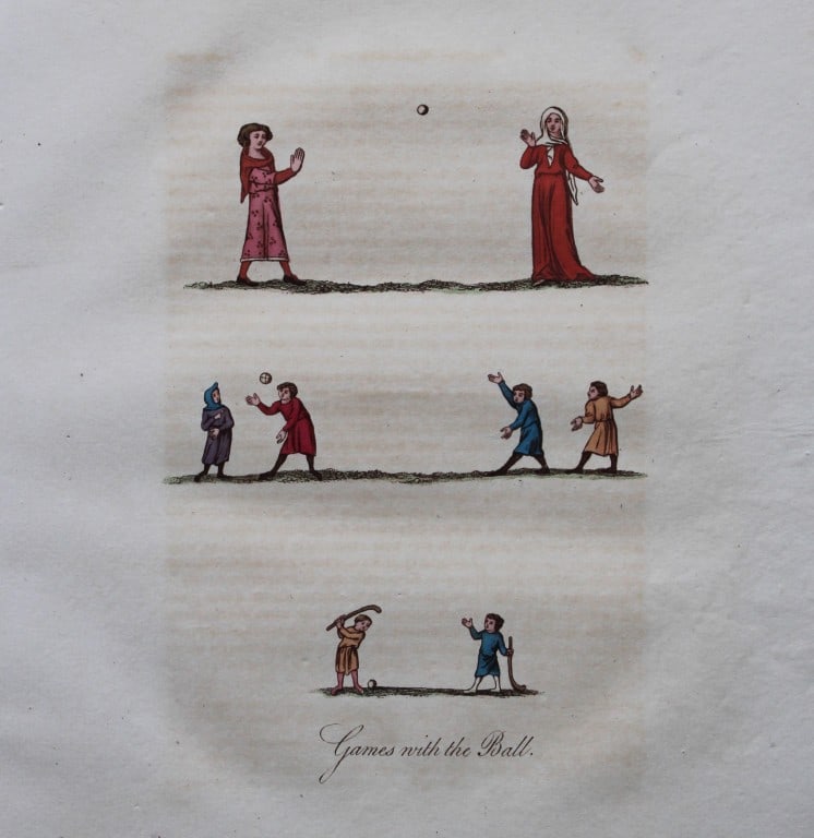 Joseph Strutt - Games with the ball 1801: These beautifully hand-coloured engraved plates are from Glig-Gamena Angel-Deod, or, The Sports and Pastimes of the People of England by Joseph Strutt. Published by T. Bensley & J. White, London 1801.