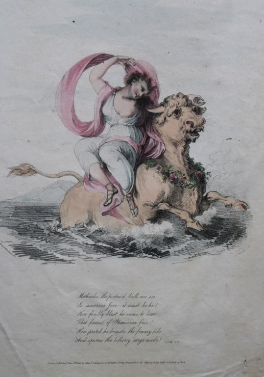 Giovanni Vendramini - Stipple engraving of Europa and Zeus 1805: This hand-coloured stipple engraving of Europa and Zeus, disguised as a bull. It was drawn by Sir Robert Ker Porter and etched by Giovanni Vendramini from the Odes of Anacreon, translated by Thomas Mo