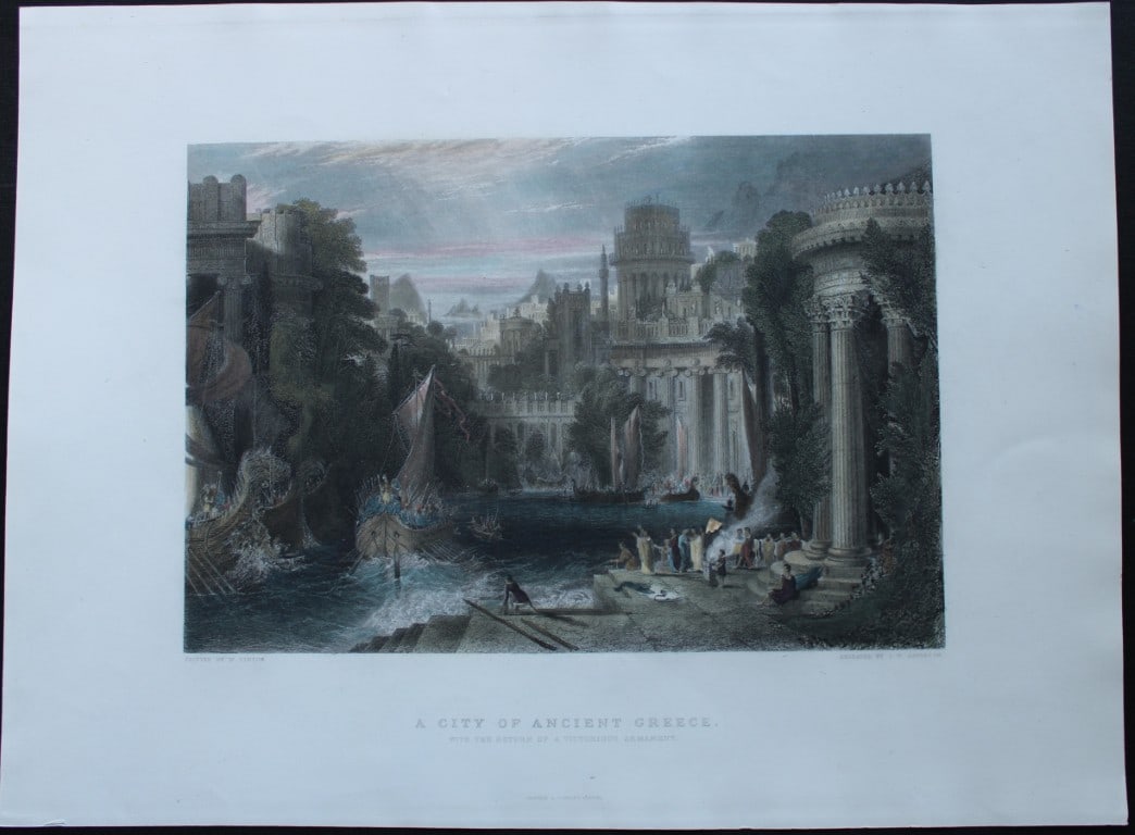 William Linton - A City of Ancient Greece engraved by JW Appleton c1890: This coloured steel engraving of A City of Ancient Greece. With the return of a victorious armament, engraved by JW Appleton after a painting by William Linton.Published by Cassell and Company Limited