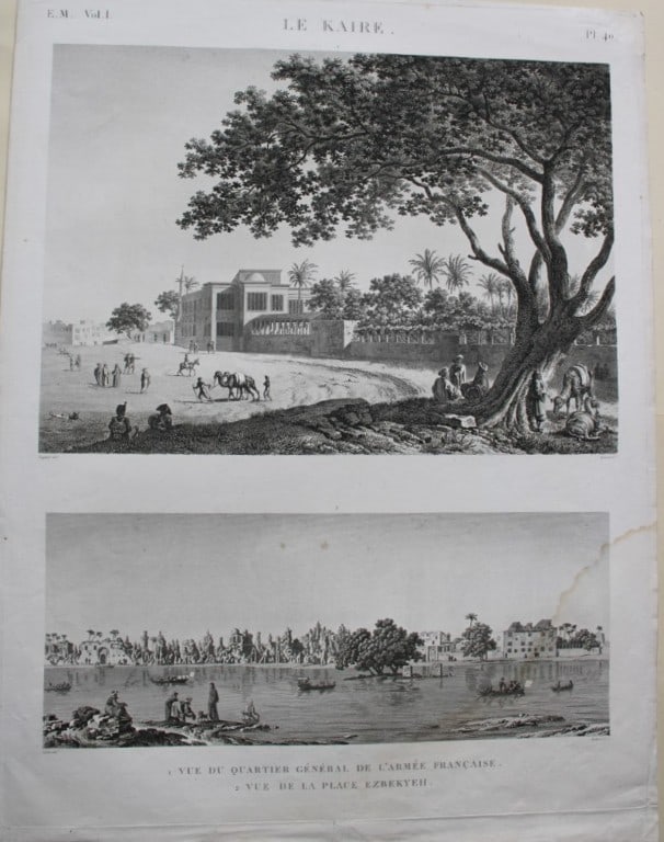 Description de l'Egypte - Ezbekyeh, Cairo 1820-29: This engraving is Pl.40 - 1. Vue du quartier g?n?ral de l'arm?e fran?aise 2. Vue de la place Ezbekyeh (Ezbek?ya) from Etat Moderne Volume 1 of Description de l'?gypte, ou Recueil des observations et d