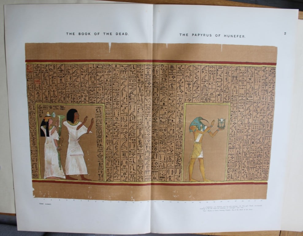 Papyrus of Hunefer from the Book of the Dead 1899: This large chromolithograph print is from E.A. Wallis Budge?s The Book of the Dead - Facsimiles of the Hunefer, Anhai, Kerasher, Nu and Netchemet Papyri. Published by The British Museum and others in