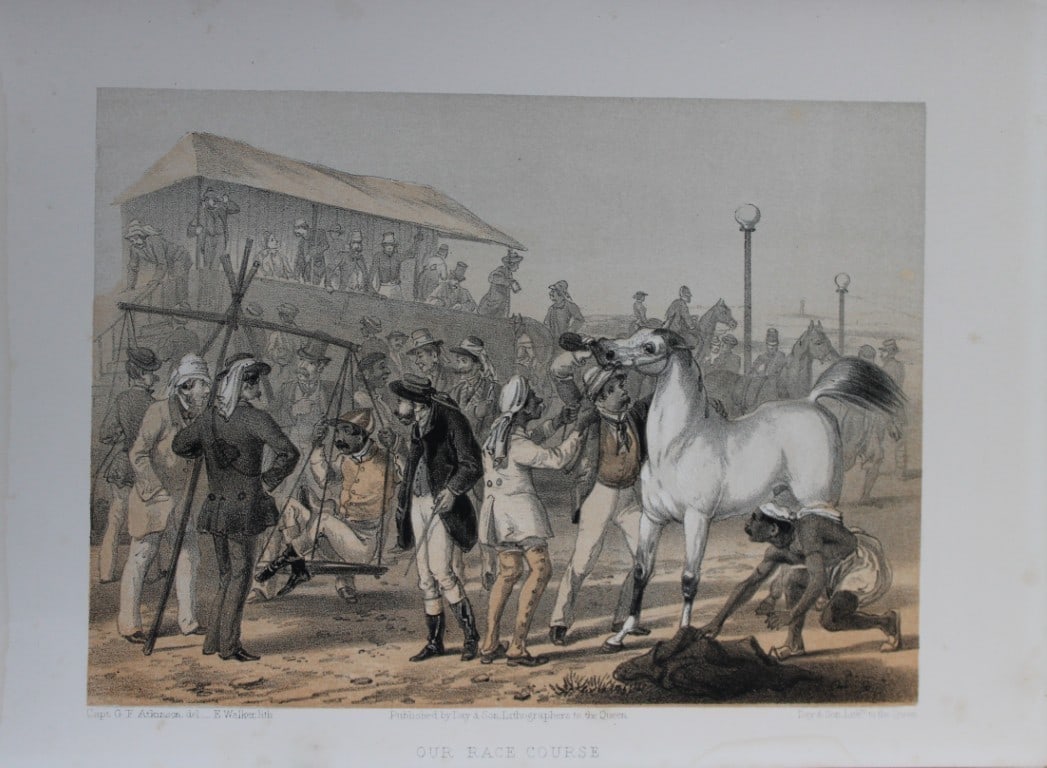 Capt. GF Atkinson - Our Racecourse from Curry and Rice 1859: This tinted lithograph is after a drawing by Capt. George Francklin Atkinson from Curry and Rice on Forty Plates or The Ingredients of Social Life at our Station in India. Published by Day & Son, Lith