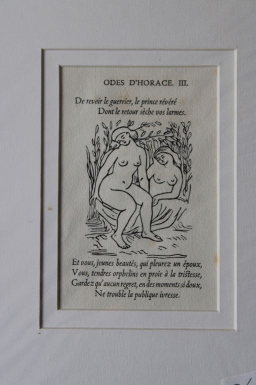 Original woodcut engraving by Aristide Maillol 1939: This woodcut engraving is from Odes d?Horace by the artist Aristide Joseph-Bonaventure Maillol (French, 1861-1944). The text (which is in French) was written by Horace (Ancient Roman, 65-8 B.C.) and p