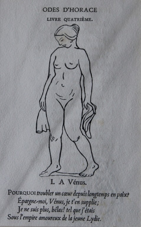 Original woodcut engraving by Aristide Maillol 1939: This woodcut engraving is from Odes d?Horace by the artist Aristide Joseph-Bonaventure Maillol (French, 1861-1944). The text (which is in French) was written by Horace (Ancient Roman, 65-8 B.C.) and p