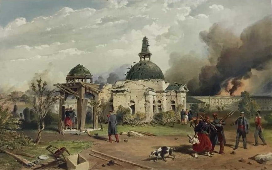 William Simpson - folio of Church in Redan 1855: This large lithograph is from the rare deluxe edition folio of The Seat of the War in the East. Published in 1855-56 London by Paul and Dominic Colnaghi and printed by Day and Son.Original full hand-c