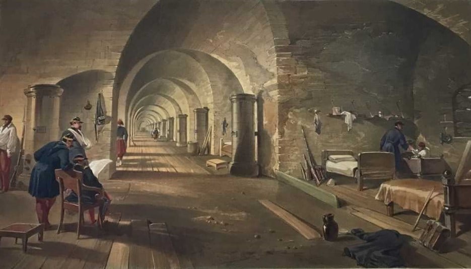 William Simpson - folio of Interior of Fort Nicholas 1855: This large lithograph is from the rare deluxe edition folio of The Seat of the War in the East. Published in 1855-56 London by Paul and Dominic Colnaghi and printed by Day and Son.Original full hand-c