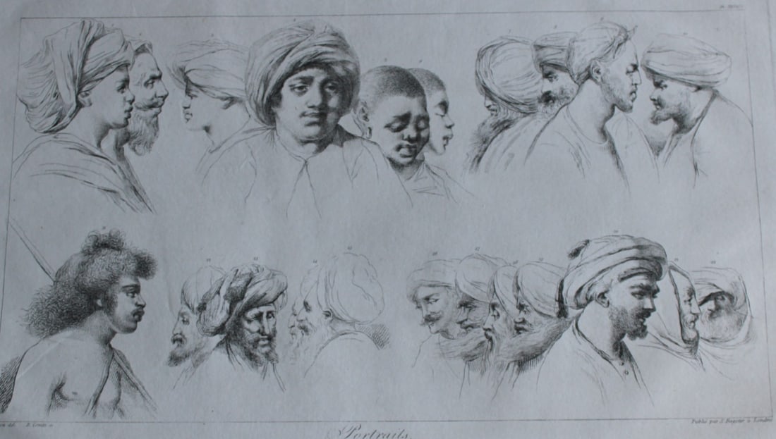 Portraits (of Egyptians) by Vivant Denon 1807: This plate is from the Voyage dans la Basse et la Haute-Egypte pendant les campagnes du General Bonaparte by Dominique Vivant Denon. Published by Samuel Bagster, London 1807.The first member of the Fr