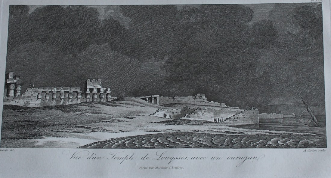 Temple de Louqssor by Vivant Denon 1807: This is plate 22 from the Voyage dans la Basse et la Haute-Egypte pendant les campagnes du General Bonaparte by Dominique Vivant Denon. Published by Samuel Bagster, London 1807.The first member of the