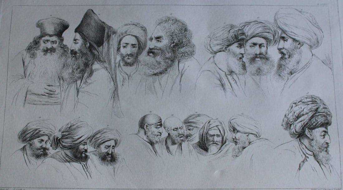 Portraits (of Egyptians) by Vivant Denon 1807: This plate is from the Voyage dans la Basse et la Haute-Egypte pendant les campagnes du General Bonaparte by Dominique Vivant Denon. Published by Samuel Bagster, London 1807.The first member of the Fr