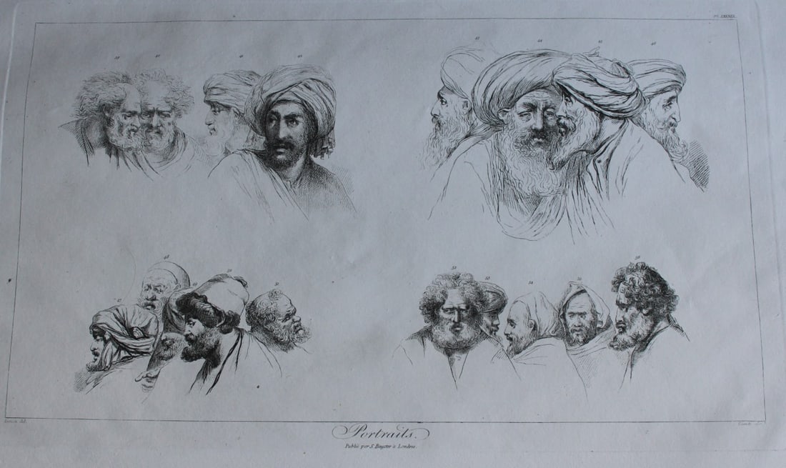 Portraits (of Egyptians) by Vivant Denon 1807: This is plate 89 from the Voyage dans la Basse et la Haute-Egypte pendant les campagnes du General Bonaparte by Dominique Vivant Denon. Published by Samuel Bagster, London 1807.The first member of the