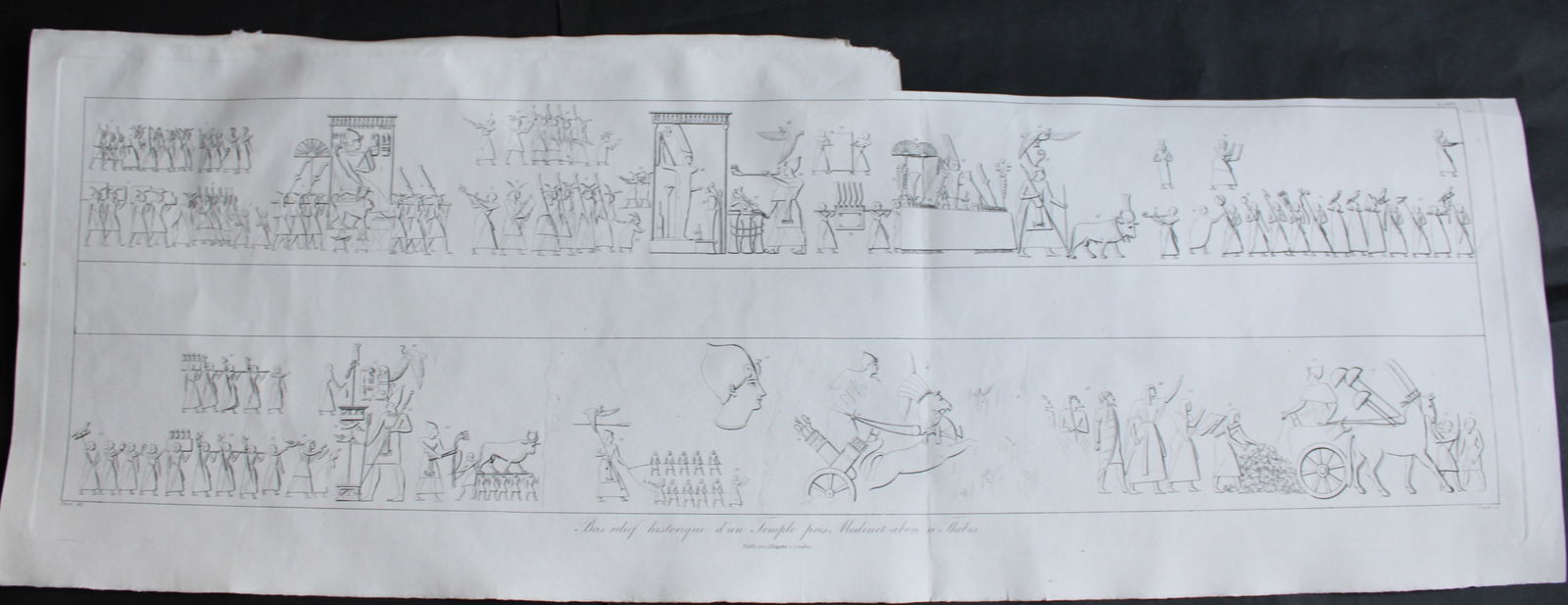 Bas Reliefs Temple de Medinet by Vivant Denon 1807: This plate is from the Voyage dans la Basse et la Haute-Egypte pendant les campagnes du General Bonaparte by Dominique Vivant Denon. Published by Samuel Bagster, London 1807.The first member of the Fr