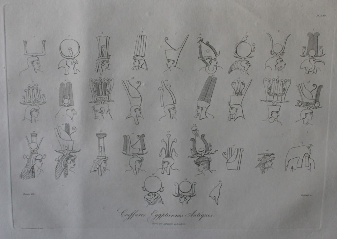 Coiffures Egyptiennes Antiques by Vivant Denon 1807: This is plate 53 from the Voyage dans la Basse et la Haute-Egypte pendant les campagnes du General Bonaparte by Dominique Vivant Denon. Published by Samuel Bagster, London 1807.The first member of the