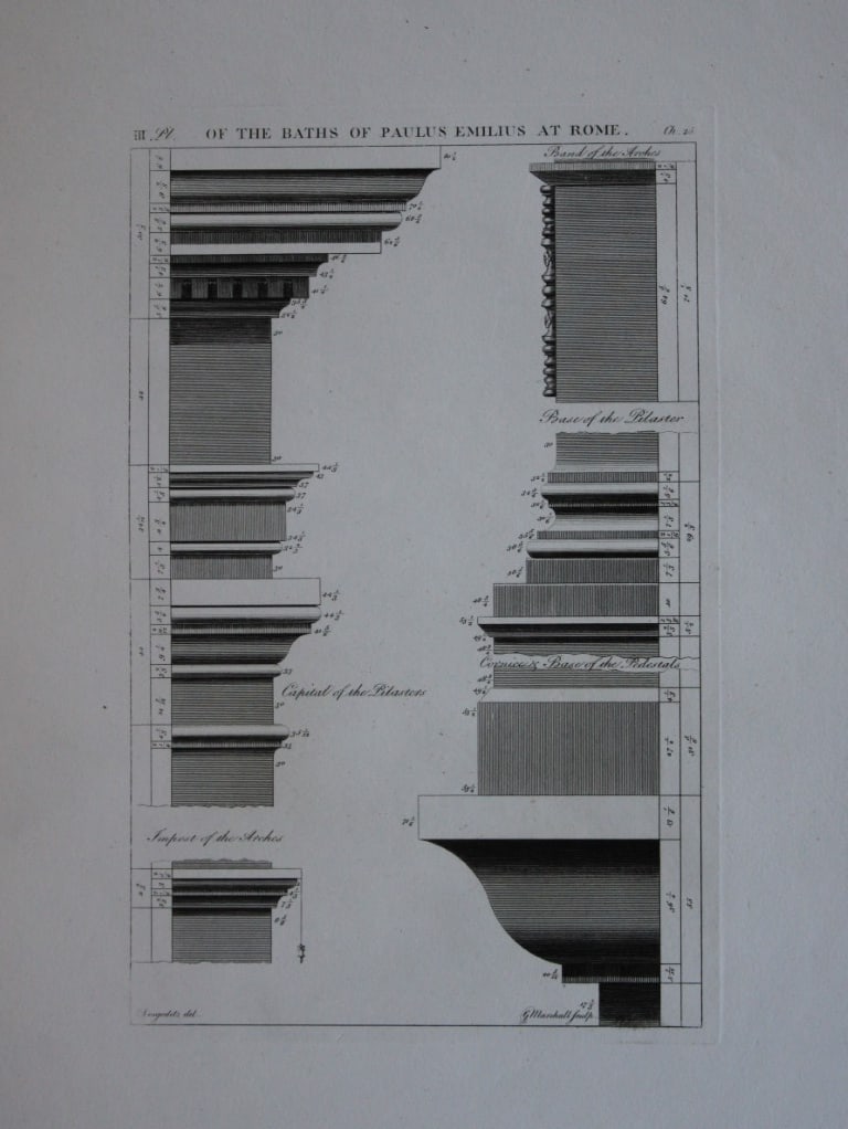 A Desgodetz - 3 engravings of the Baths of Paulus Emilius at Rome 1771: These rare engravings are from The Ancient Buildings of Rome: Accurately Measured and Delineated Architecture by Anthony Desgodetz, Architect. Published by George Marshall, London 1771. The plates wer