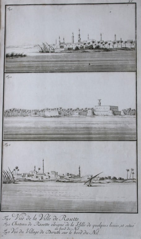 Ville de Rosette by Capt. FL Norden 1792: This copperplate engraving is from The Antiquities, Natural History, Ruins and Other Curiosities of Egypt, Nubia and Thebes by Frederic Lewis (or Ludvig) Norden. Printed for Edward Jeffreys, London 17