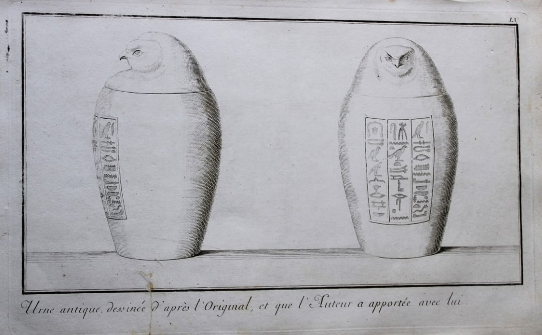 Antique urns by Capt. FL Norden 1792: This copperplate engraving is from The Antiquities, Natural History, Ruins and Other Curiosities of Egypt, Nubia and Thebes by Frederic Lewis (or Ludvig) Norden. Printed for Edward Jeffreys, London 17