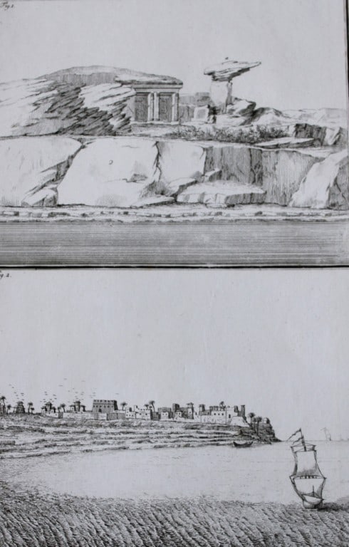 Town of Esnay by FL Norden 1792: This copperplate engraving is from The Antiquities, Natural History, Ruins and Other Curiosities of Egypt, Nubia and Thebes by Frederic Lewis (or Ludvig) Norden. Printed for Edward Jeffreys, London 17