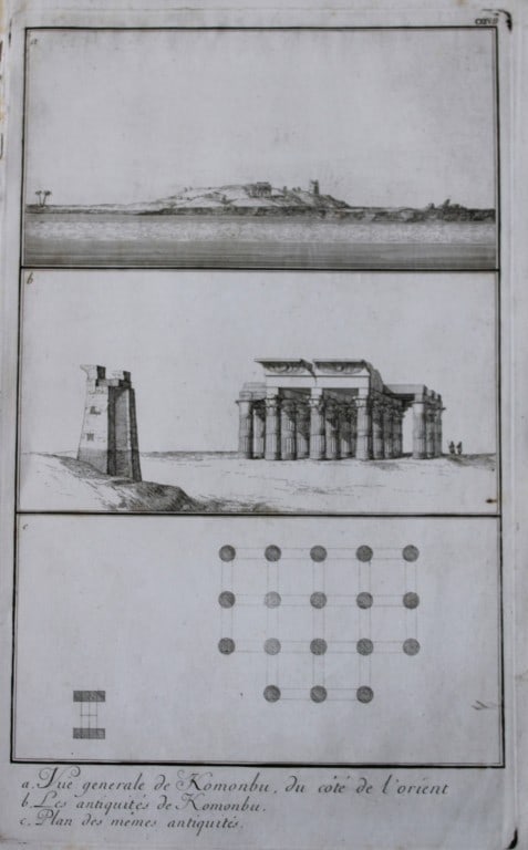 View of Komonbu antiquities by FL Norden 1792: This copperplate engraving is from The Antiquities, Natural History, Ruins and Other Curiosities of Egypt, Nubia and Thebes by Frederic Lewis (or Ludvig) Norden. Printed for Edward Jeffreys, London 17