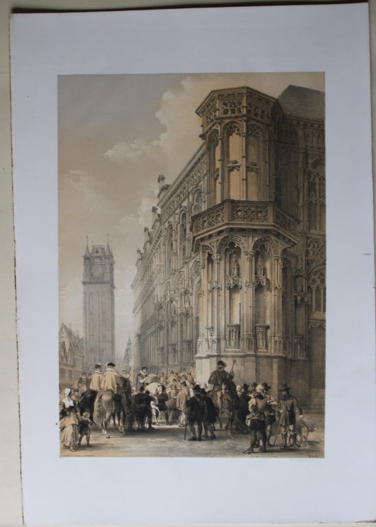 Haghe & Day - Lithograph of Town Hall, Ghent, Belgium 1840: This lithograph of the Town Hall, Ghent is from Sketches in Belgium and Germany with drawings by Louis Haghe. Published by Henry Graves & Co., London and printed by Day and Haghe 1840. Size: 14.5in x