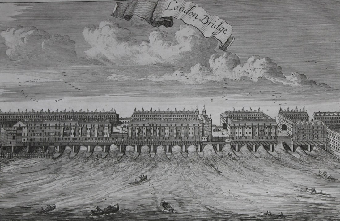 John Stow - Rare engraving of London Bridge in 1754 by John Strype: Original antique 18th century engraving. Published in the 1755 edition of John Stow's survey of London by John Strype. John Stow?s Elizabethan classic, A Survey of London, was first published in 1598,