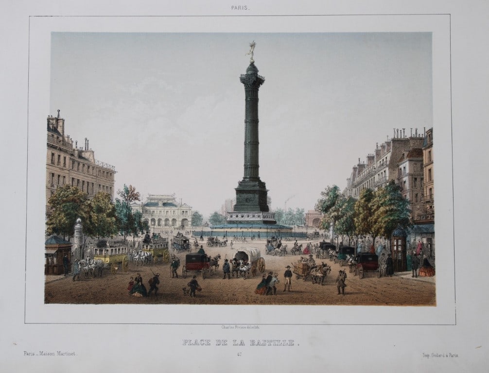 Charles Riviere - Place de la Bastille, Paris 1855: This rare coloured lithograph is from Paris Moderne, Grand Album. Representant les Vues et les Monuments les plus curieux de Paris et les Sites les plus remarquables des Environs. Published by Maison