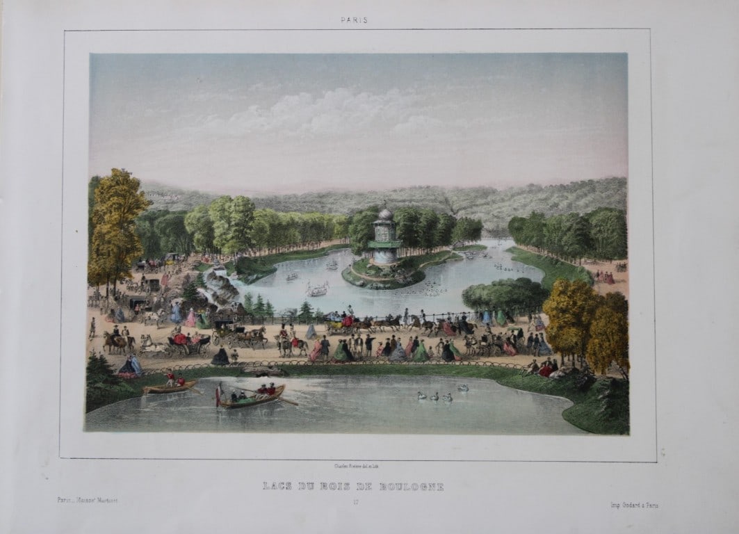 Charles Riviere - Bois de Boulogne lakes, Paris 1855: This rare coloured lithograph is from Paris Moderne, Grand Album. Representant les Vues et les Monuments les plus curieux de Paris et les Sites les plus remarquables des Environs. Published by Maison