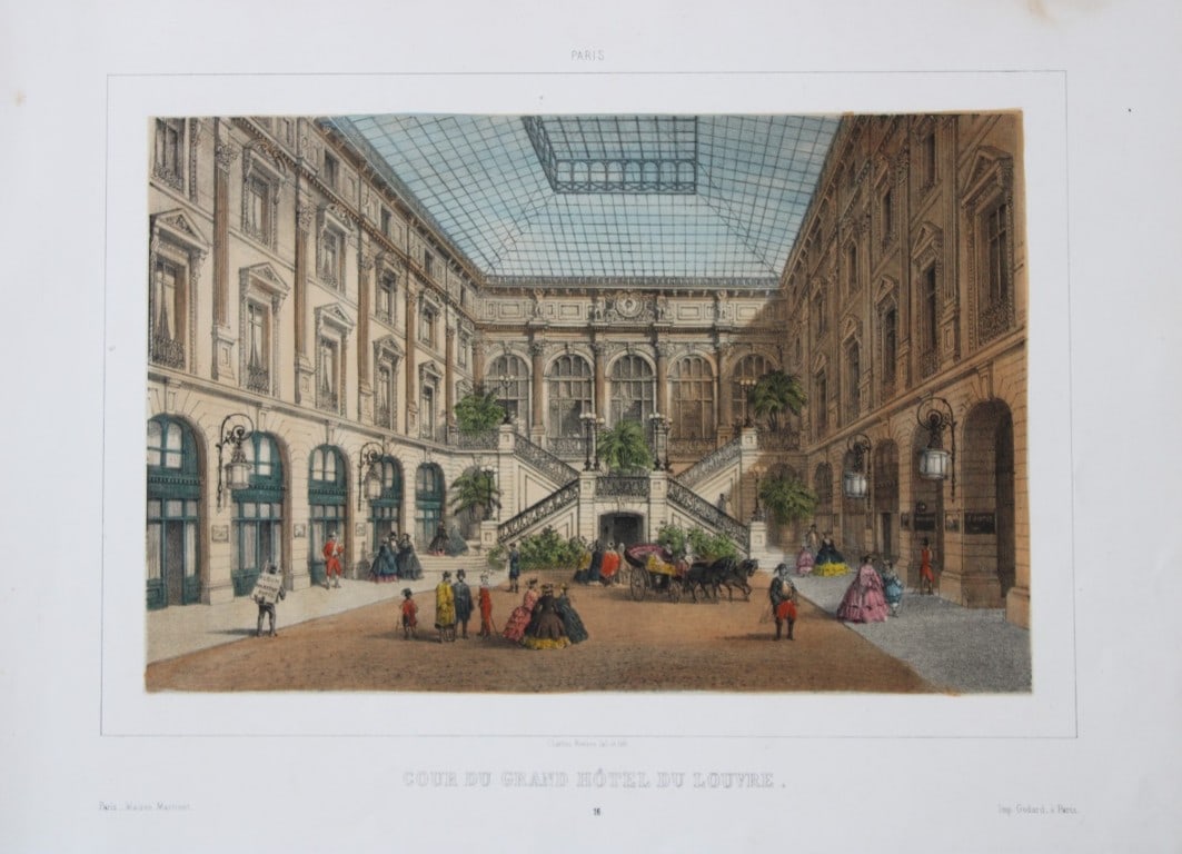 Charles Riviere - Cour du Grand Hotel du Louvre 1855: This rare coloured lithograph is from Paris Moderne, Grand Album. Representant les Vues et les Monuments les plus curieux de Paris et les Sites les plus remarquables des Environs. Published by Maison