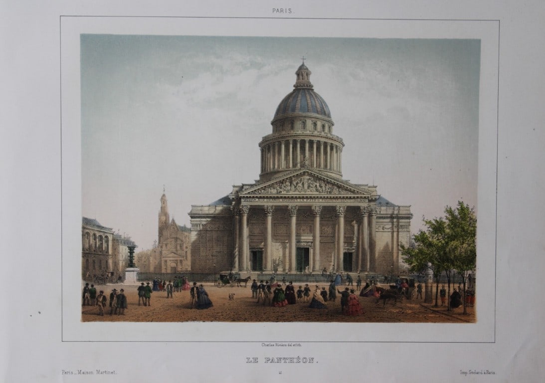 Charles Riviere - Le Pantheon, Paris 1855: This rare coloured lithograph is from Paris Moderne, Grand Album. Representant les Vues et les Monuments les plus curieux de Paris et les Sites les plus remarquables des Environs. Published by Maison