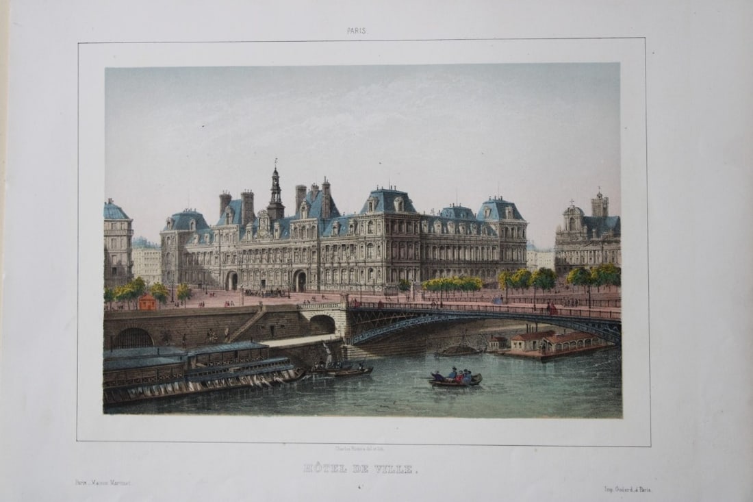 Charles Riviere - Hotel de Ville, Paris 1855: This rare coloured lithograph is from Paris Moderne, Grand Album. Representant les Vues et les Monuments les plus curieux de Paris et les Sites les plus remarquables des Environs. Published by Maison