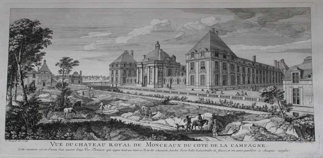 Jacques Rigaud - Chateau Royal de Monceaux 1730: This beautiful engraving is from Les Maisons Royales de France by Jacques Rigaud, published in Paris1730-52. Rigaud is best known for his series of prints, after his own drawings, representing Les Mai