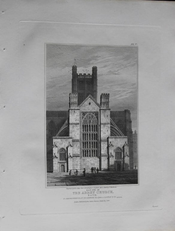 F Mackenzie - The Abbey Church, Bath engraved by J Le Keux 1824: Original engraving of the East End of Bath Abbey Church by J Le Keux from a drawing by G Shepherd after a sketch by F Mackenzie. Published by John Britton, London 1824.Size: approx 11in x 8in (27cm x