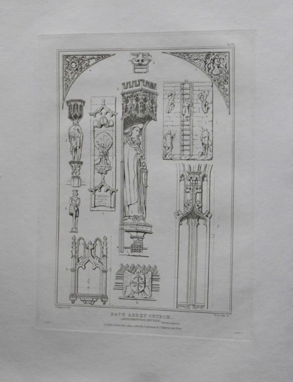 W Deeble - Bath Abbey Church details engraved by S Rayner 1824: Original engraving of Architectural Details in Bath Abbey Church by S Rayner after W Deeble. Published by Longman & co, London 1824.Size: approx 11in x 8in (27cm x 20cm)