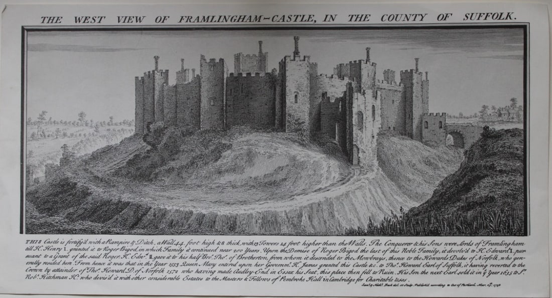S & N Buck - West View of Framlingham Castle, Suffolk 1738.: Copper plate engraving of The West View of Framlingham Castle, in the County of Suffolk by Samuel & Nathanial Buck published 1738.Size: 7.5in x 14in (19cm x 36cm)