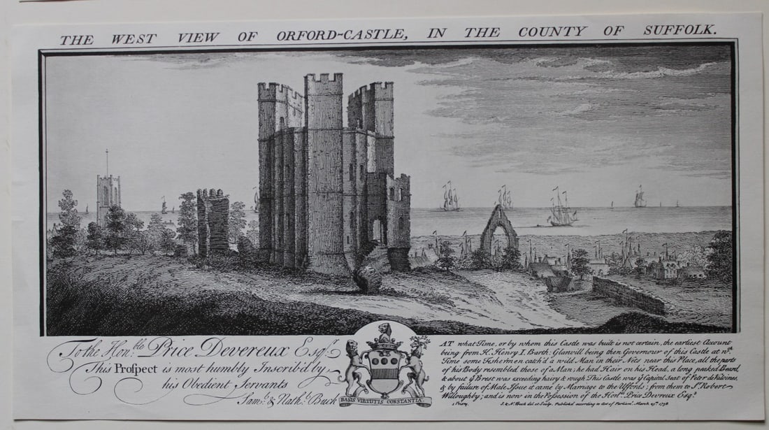 S & N Buck - West View of Orford Castle, Suffolk 1738.: Copper plate engraving of The West View of Orford Castle, in the County of Suffolk by Samuel & Nathanial Buck published 1738.Size: 7.5in x 14in (19cm x 36cm)