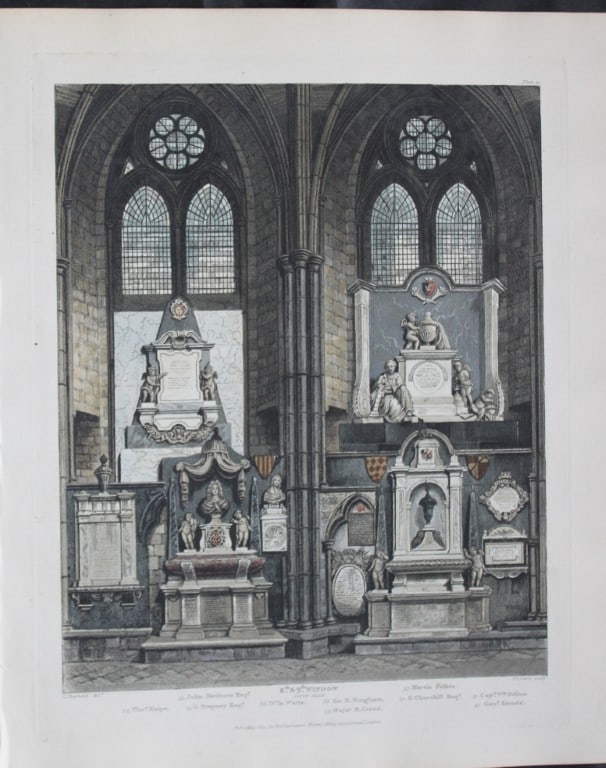 G Shepherd - 8th and 9th Windows in Westminster Abbey engraved by FC Lewis 1812: This aquatint print is from The History of the Abbey Church of St. Peter's Westminster, Its Antiquities and Monuments by Rudolph Ackermann and William Combe, published in London 1812.One of the quinte