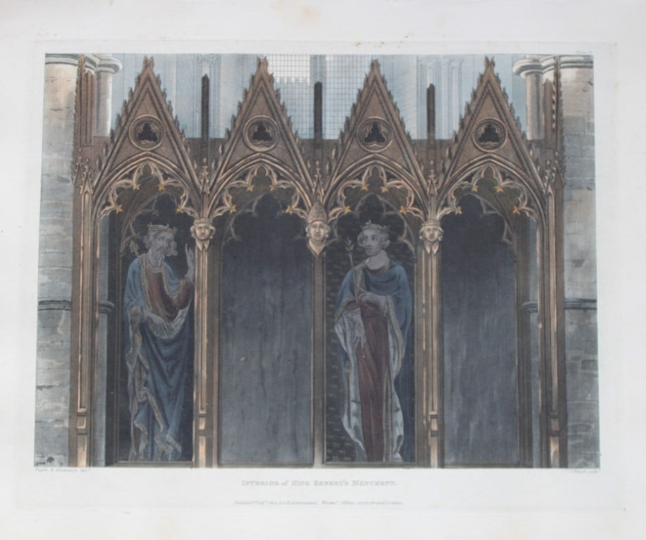 A Pugin - King Sebert's Monument at Westminster Abbey engraved by J Bluck 1812: This aquatint print is from The History of the Abbey Church of St. Peter's Westminster, Its Antiquities and Monuments by Rudolph Ackermann and William Combe, published in London 1812.One of the quinte