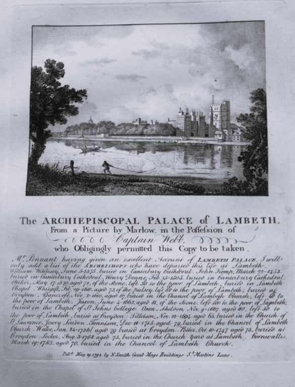 John Thomas Smith - Engraving of Palace of Lambeth, London 1791: An original engraving from John Thomas Smith's Antiquities of London and its Environs. Published in London by T Sewell, J Manson et al 1791.Engraved by John Thomas "Antiquity" Smith (1766-1833), the d