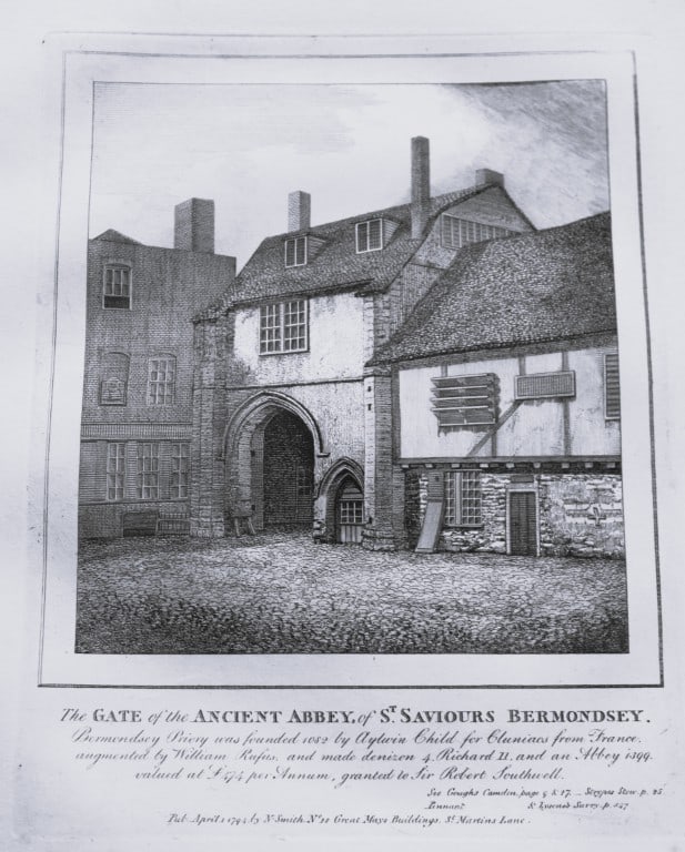 John Thomas Smith - Engraving of Abbey of St. Saviours, Bermondsey, London 1791: An original engraving from John Thomas Smith's Antiquities of London and its Environs. Published in London by T Sewell, J Manson et al 1791.Engraved by John Thomas "Antiquity" Smith (1766-1833), the d