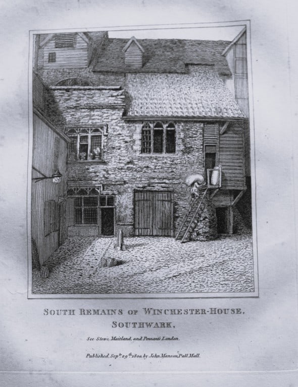 John Thomas Smith - Engraving of Winchester House, London 1791: An original engraving from John Thomas Smith's Antiquities of London and its Environs. Published in London by T Sewell, J Manson et al 1791.Engraved by John Thomas "Antiquity" Smith (1766-1833), the d
