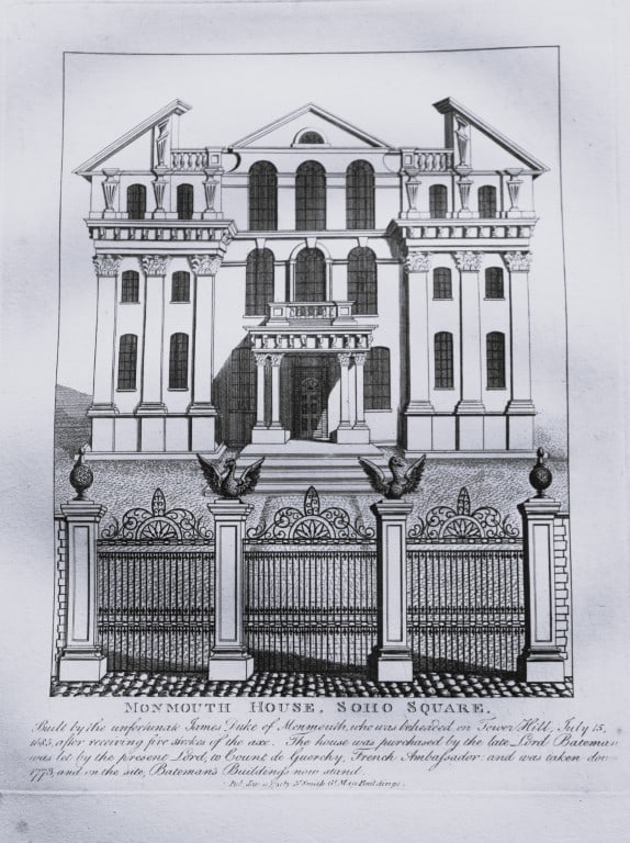 John Thomas Smith - Engraving of Monmouth House, Soho, London 1791: An original engraving from John Thomas Smith's Antiquities of London and its Environs. Published in London by T Sewell, J Manson et al 1791.Engraved by John Thomas "Antiquity" Smith (1766-1833), the d