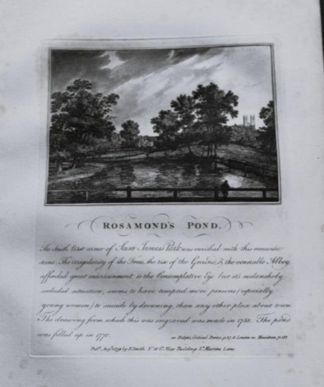 John Thomas Smith - Engraving of Rosamund's Pond, London 1791: An original engraving from John Thomas Smith's Antiquities of London and its Environs. Published in London by T Sewell, J Manson et al 1791.Engraved by John Thomas "Antiquity" Smith (1766-1833), the d
