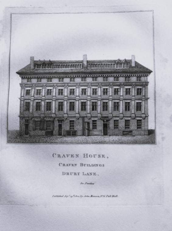 John Thomas Smith - Engraving of Craven House, Drury Lane, London 1791: An original engraving from John Thomas Smith's Antiquities of London and its Environs. Published in London by T Sewell, J Manson et al 1791.Engraved by John Thomas "Antiquity" Smith (1766-1833), the d