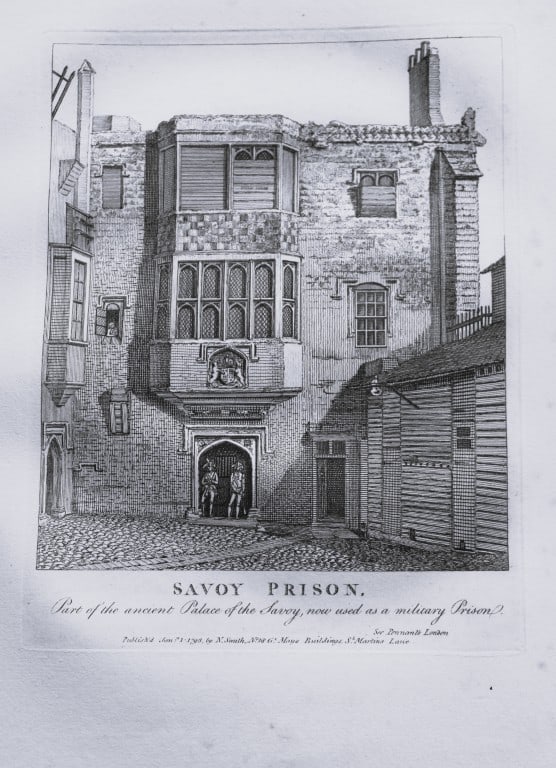 John Thomas Smith - Engraving of Savoy Prison, London 1791: An original engraving from John Thomas Smith's Antiquities of London and its Environs. Published in London by T Sewell, J Manson et al 1791.Engraved by John Thomas "Antiquity" Smith (1766-1833), the d
