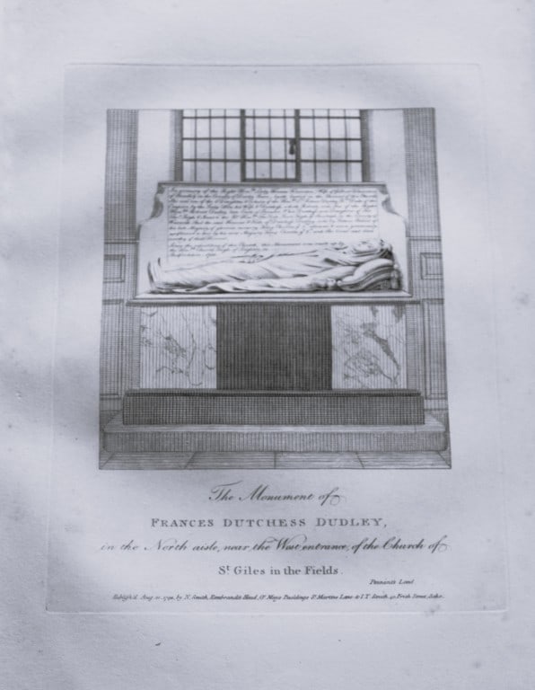 John Thomas Smith - Engraving of Frances, Duchess Dudley, London 1791: An original engraving from John Thomas Smith's Antiquities of London and its Environs. Published in London by T Sewell, J Manson et al 1791.Engraved by John Thomas "Antiquity" Smith (1766-1833), the d