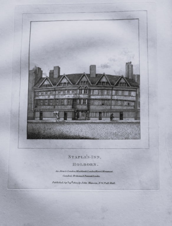 John Thomas Smith - Engraving of Staple's Inn, London 1791: An original engraving from John Thomas Smith's Antiquities of London and its Environs. Published in London by T Sewell, J Manson et al 1791.Engraved by John Thomas "Antiquity" Smith (1766-1833), the d
