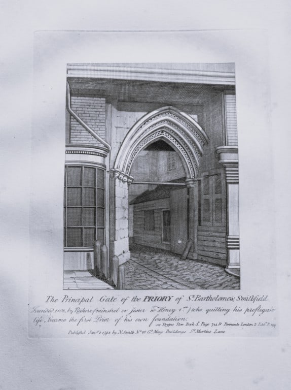 John Thomas Smith - Engraving of Priory of St. Bartholomews, London 1791: An original engraving from John Thomas Smith's Antiquities of London and its Environs. Published in London by T Sewell, J Manson et al 1791.Engraved by John Thomas "Antiquity" Smith (1766-1833), the d