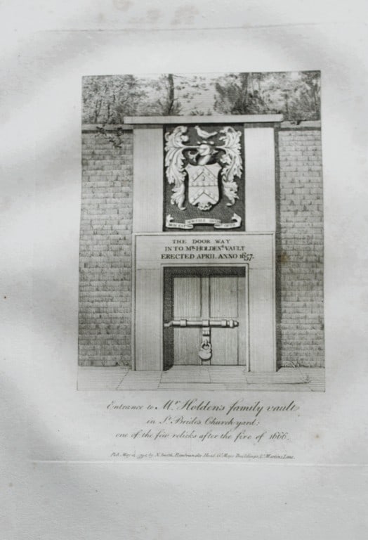 John Thomas Smith - Engraving of Mr Holden's Vault, London 1791: An original engraving from John Thomas Smith's Antiquities of London and its Environs. Published in London by T Sewell, J Manson et al 1791.Engraved by John Thomas "Antiquity" Smith (1766-1833), the d