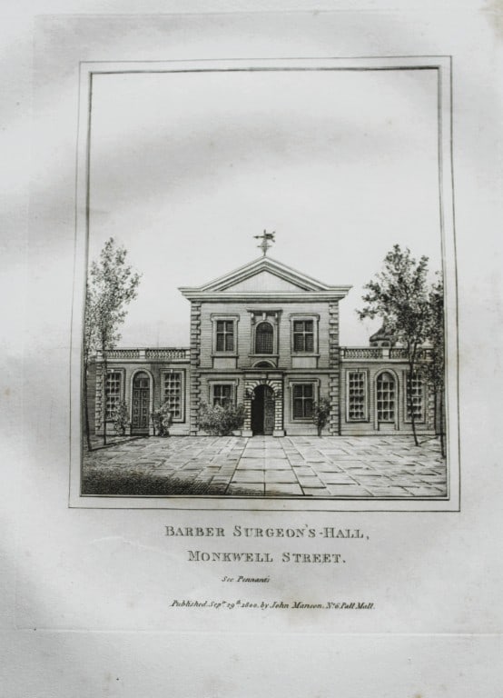 John Thomas Smith - Engraving of Barber Surgeon's Hall, London 1791: An original engraving from John Thomas Smith's Antiquities of London and its Environs. Published in London by T Sewell, J Manson et al 1791.Engraved by John Thomas "Antiquity" Smith (1766-1833), the d
