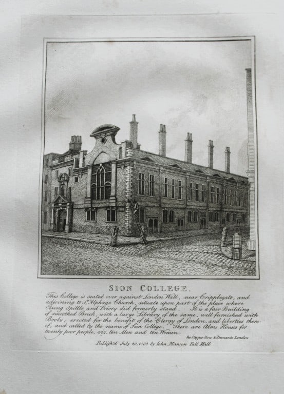 John Thomas Smith - Engraving of Sion College, London 1791: An original engraving from John Thomas Smith's Antiquities of London and its Environs. Published in London by T Sewell, J Manson et al 1791.Engraved by John Thomas "Antiquity" Smith (1766-1833), the d